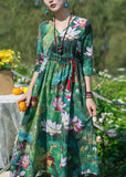 Momentlover Vintage Green V Neck Print Elastic Waist Maxi Dresses Spring LY1779
