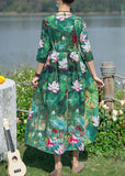 Momentlover Vintage Green V Neck Print Elastic Waist Maxi Dresses Spring LY1779