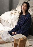 Momentlover Vintage Navy Blue O-Neck Striped Patchwork Cozy Cotton Long Dress Long Sleeve LY1966