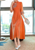 Momentlover Vintage Orange Embroideried Side Open Silk Dresses Summer LY1717