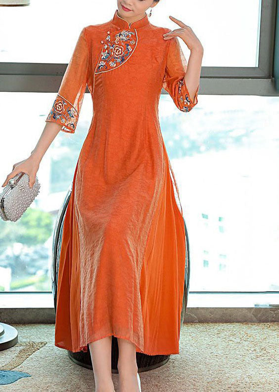 Momentlover Vintage Orange Embroideried Side Open Silk Dresses Summer LY1717
