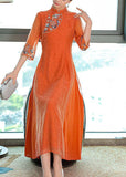 Momentlover Vintage Orange Embroideried Side Open Silk Dresses Summer LY1717