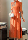Momentlover Vintage Orange Embroideried Side Open Silk Dresses Summer LY1717