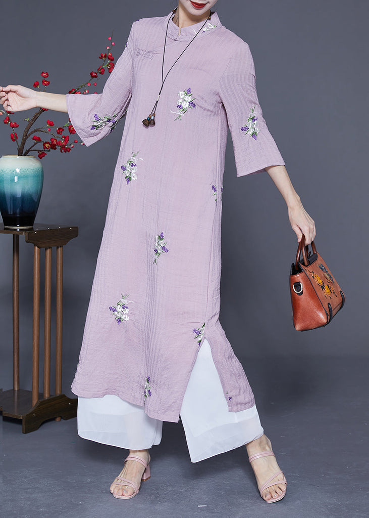 Momentlover Vintage Purple Embroideried Chinese Button Linen Long Dresses Bracelet Sleeve LY1945