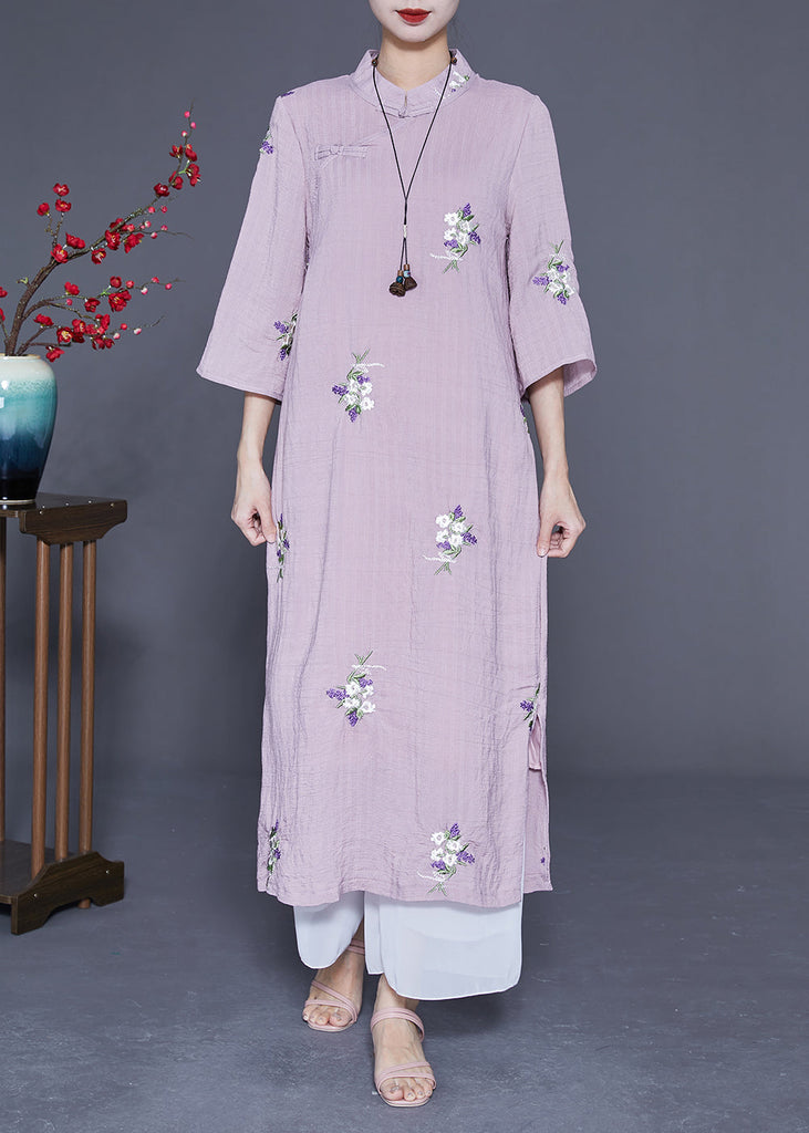 Momentlover Vintage Purple Embroideried Chinese Button Linen Long Dresses Bracelet Sleeve LY1945