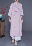 Momentlover Vintage Purple Embroideried Chinese Button Linen Long Dresses Bracelet Sleeve LY1945