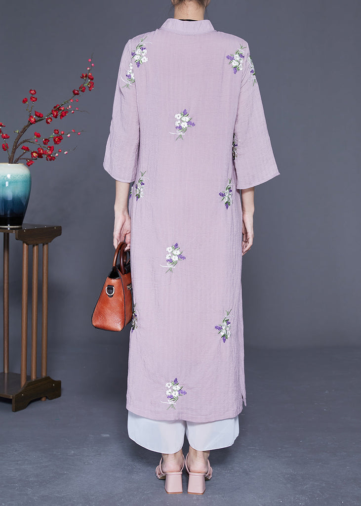 Momentlover Vintage Purple Embroideried Chinese Button Linen Long Dresses Bracelet Sleeve LY1945