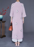 Momentlover Vintage Purple Embroideried Chinese Button Linen Long Dresses Bracelet Sleeve LY1945