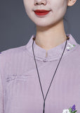 Momentlover Vintage Purple Embroideried Chinese Button Linen Long Dresses Bracelet Sleeve LY1945