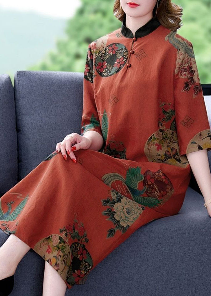 Momentlover Vintage Red Stand Collar Print Silk A Line Dress Half Sleeve LY1666