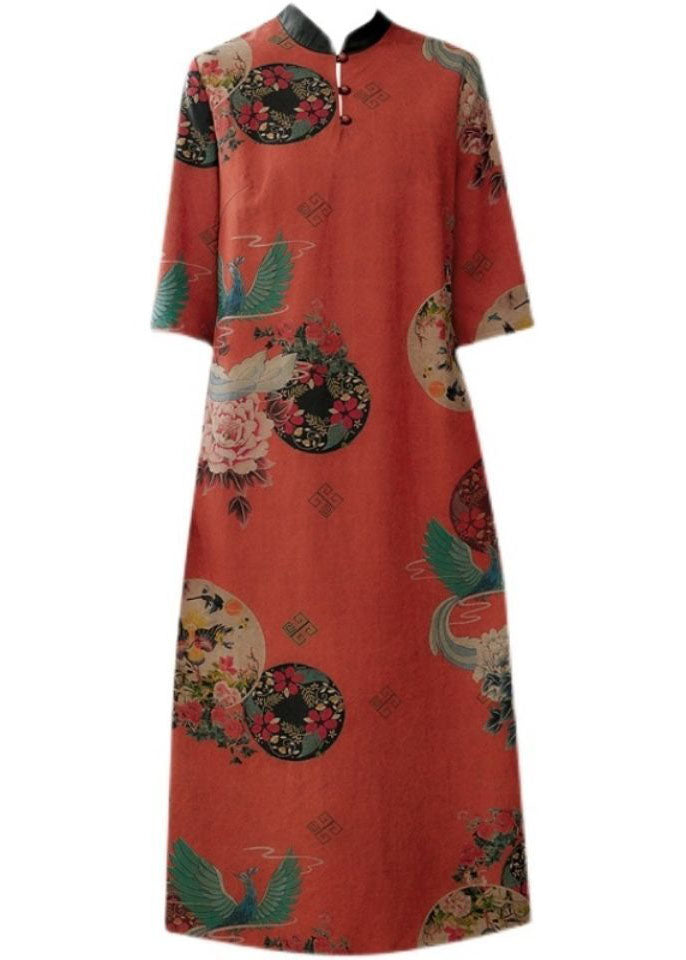 Momentlover Vintage Red Stand Collar Print Silk A Line Dress Half Sleeve LY1666