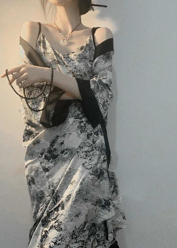 Momentlover Vintage V Neck Print Ice Silk Pajamas Robe And Slip Dress Two Piece Set Summer LY1912