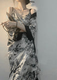 Momentlover Vintage V Neck Print Ice Silk Pajamas Robe And Slip Dress Two Piece Set Summer LY1912
