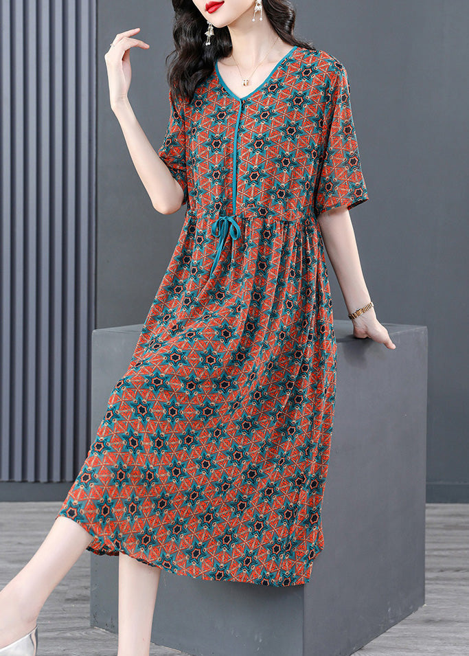 Momentlover Vintage V Neck Print Wrinkled Tie Waist Long Dresses Summer LY1777