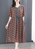 Momentlover Vintage V Neck Print Wrinkled Tie Waist Long Dresses Summer LY1777