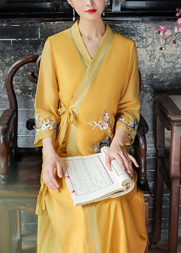 Momentlover Vintage Yellow V Neck Embroideried Patchwork Silk Dress Summer LY1669
