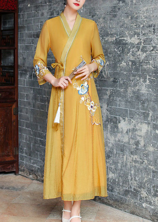Momentlover Vintage Yellow V Neck Embroideried Patchwork Silk Dress Summer LY1669
