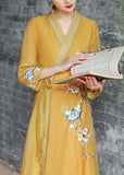 Momentlover Vintage Yellow V Neck Embroideried Patchwork Silk Dress Summer LY1669
