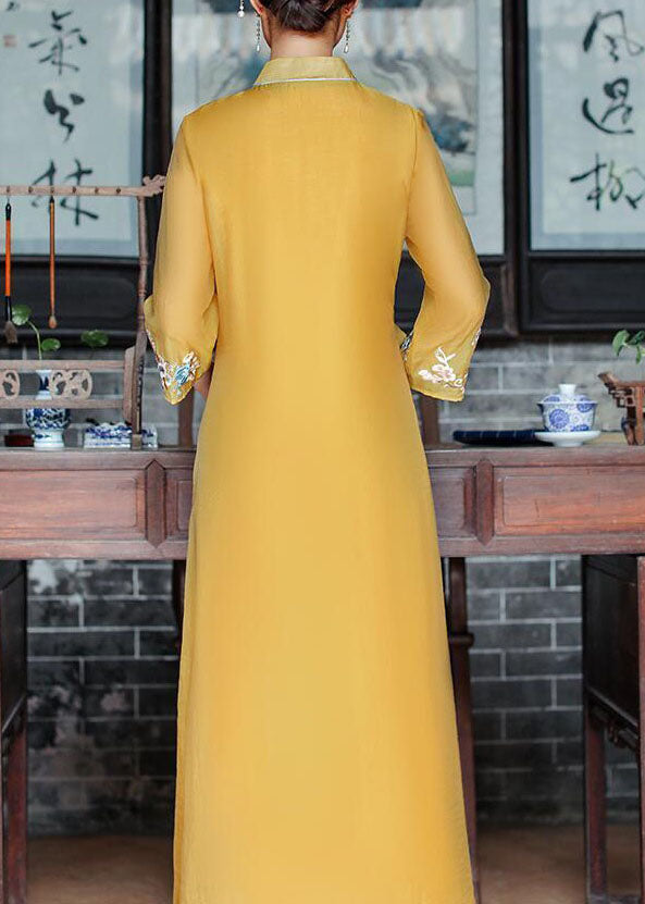 Momentlover Vintage Yellow V Neck Embroideried Patchwork Silk Dress Summer LY1669
