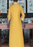 Momentlover Vintage Yellow V Neck Embroideried Patchwork Silk Dress Summer LY1669