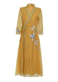 Momentlover Vintage Yellow V Neck Embroideried Patchwork Silk Dress Summer LY1669