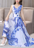 Momentlover White Tie Waist Slim Chiffon Maxi Dress Sleeveless LY1746