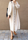 Momentlover Women Apricot V Neck Wrinkled Patchwork Cotton Dresses Lantern Sleeve LY1775