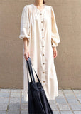 Momentlover Women Apricot V Neck Wrinkled Patchwork Cotton Dresses Lantern Sleeve LY1775