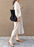 Momentlover Women Apricot V Neck Wrinkled Patchwork Cotton Dresses Lantern Sleeve LY1775
