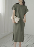 Momentlover Women Army Green O-Neck Side Open Cotton Vacation Dresses Butterfly Sleeve LY1754