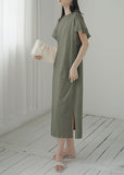 Momentlover Women Army Green O-Neck Side Open Cotton Vacation Dresses Butterfly Sleeve LY1754