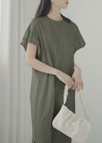 Momentlover Women Army Green O-Neck Side Open Cotton Vacation Dresses Butterfly Sleeve LY1754