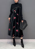 Momentlover Women Black High Neck Embroideried Knit Patchwork Silk Velour Dress Spring LY1659