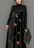 Momentlover Women Black High Neck Embroideried Knit Patchwork Silk Velour Dress Spring LY1659