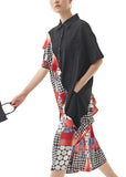 Momentlover Women Black Peter Pan Collar Ruffled Print Patchwork Chiffon Dresses Summer LY1179