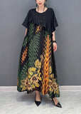 Momentlover Women Black Print Patchwork Ruffled Silk Dress Summer LY1666