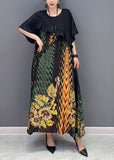 Momentlover Women Black Print Patchwork Ruffled Silk Dress Summer LY1666