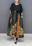 Momentlover Women Black Print Patchwork Ruffled Silk Dress Summer LY1666