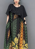 Momentlover Women Black Print Patchwork Ruffled Silk Dress Summer LY1666