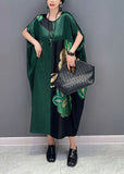 Momentlover Women Blackish Green Oversized Patchwork Print Silk Dress Batwing Sleeve LY1571