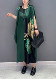 Momentlover Women Blackish Green Oversized Patchwork Print Silk Dress Batwing Sleeve LY1571