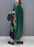Momentlover Women Blackish Green Oversized Patchwork Print Silk Dress Batwing Sleeve LY1571