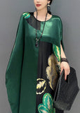 Momentlover Women Blackish Green Oversized Patchwork Print Silk Dress Batwing Sleeve LY1571