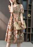 Momentlover Women Coffee O-Neck Print Patchwork Silk Long Dress Summer LY1747