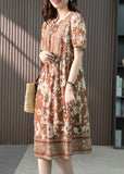 Momentlover Women Coffee O-Neck Print Patchwork Silk Long Dress Summer LY1747