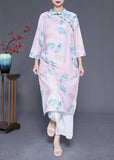 Momentlover Women Light Pink Mandarin Collar Print Cotton Dresses Bracelet Sleeve LY1779
