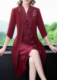Momentlover Women Mulberry V Neck Embroideried Silk Fake Two Piece Dress Bracelet Sleeve LY1665