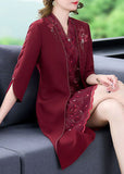 Momentlover Women Mulberry V Neck Embroideried Silk Fake Two Piece Dress Bracelet Sleeve LY1665