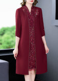 Momentlover Women Mulberry V Neck Embroideried Silk Fake Two Piece Dress Bracelet Sleeve LY1665