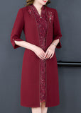 Momentlover Women Mulberry V Neck Embroideried Silk Fake Two Piece Dress Bracelet Sleeve LY1665
